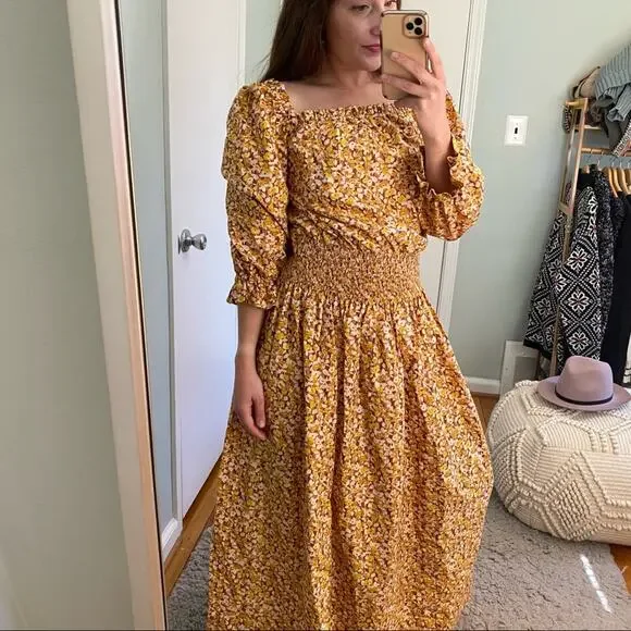 RIXO London Floral Dainty Ditsy Cottagecore Orange Maxi Dress Puff Sleeve M - Picture 10 of 16